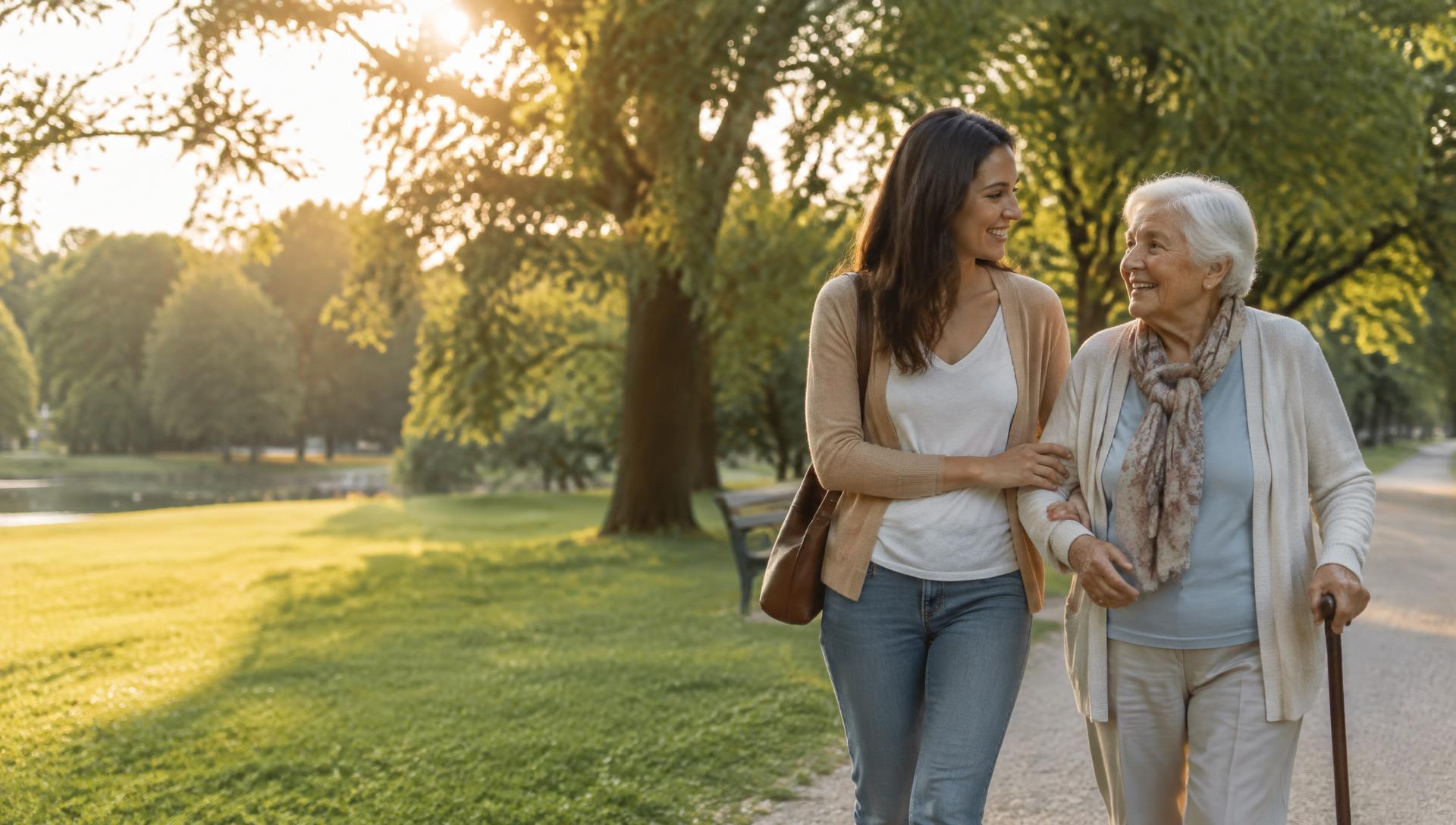 Cuidadora caminhando ao lado de uma senhora idosa em um parque ao entardecer